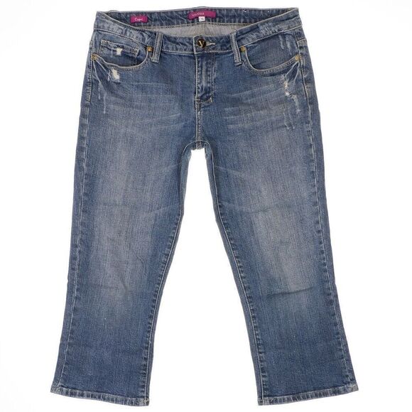 Vigoss Capri Jeans Size 11 Juniors Distressed Blue Denim Stretch Measures 32x21 - Picture 1 of 11